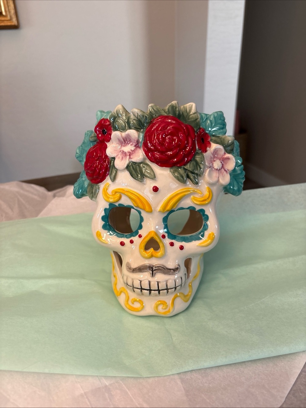NEW Blue Sky Clayworks Sugar Skull 2020 Ceramic Tea Light Holder 8" Labels